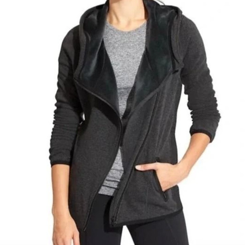 Athleta Jacket Cozy Karma Small Asymmetrical Fleece Lined Hoodie Grey full zip